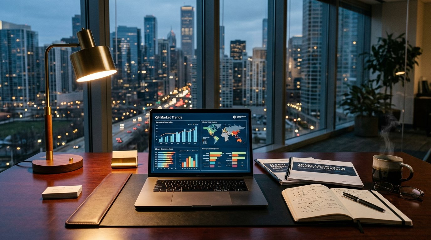 Executive consulting research workspace with laptop displaying market data and twilight city backdrop