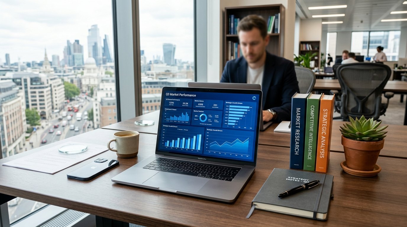 Market research workspace with analytical charts and strategic intelligence reports