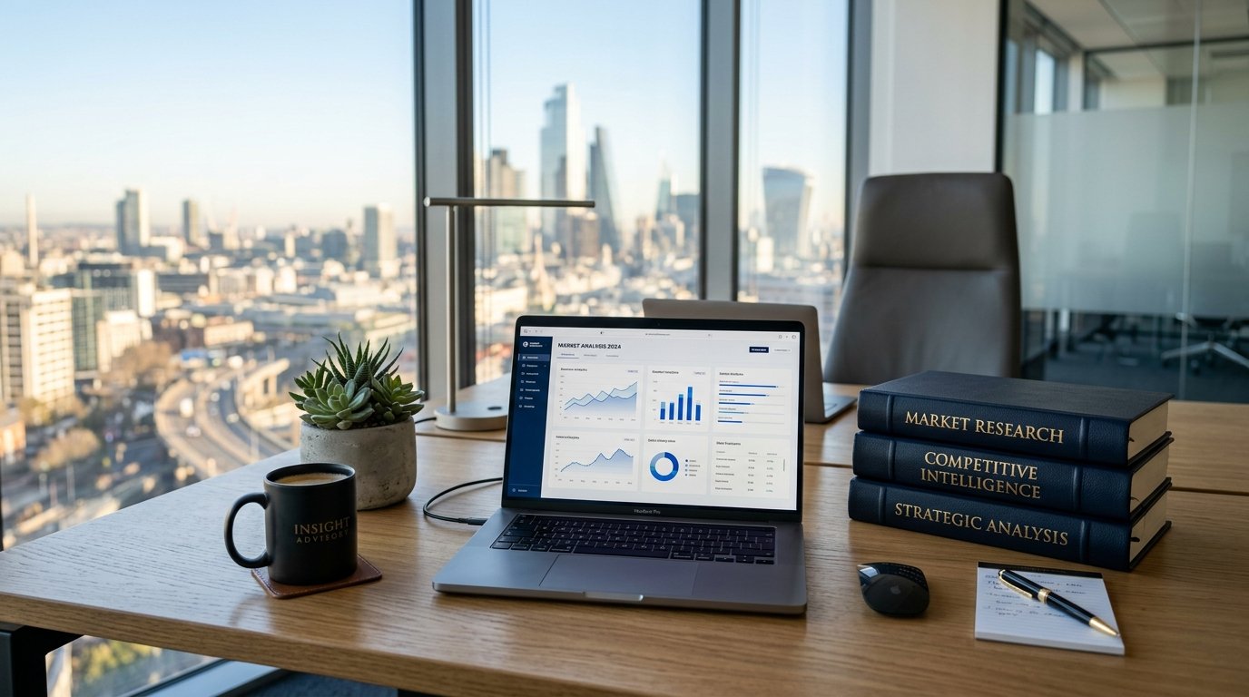 Market research desk with analytics dashboard and consulting research books