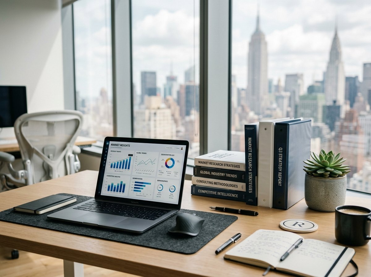 Market research desk setup with analytical dashboards and consulting reports
